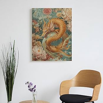 Amazon | 黄金の龍と牡丹の花 数字キットによる絵画 数字油絵